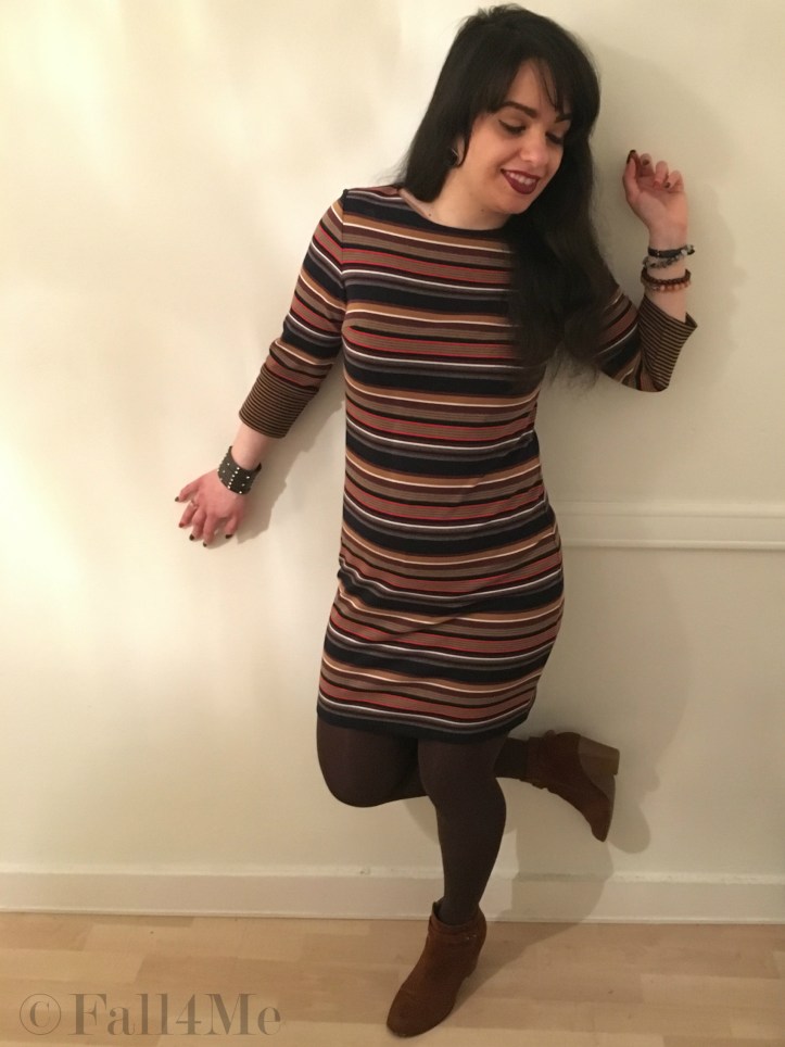 Brown striped jersey bodycon dress look