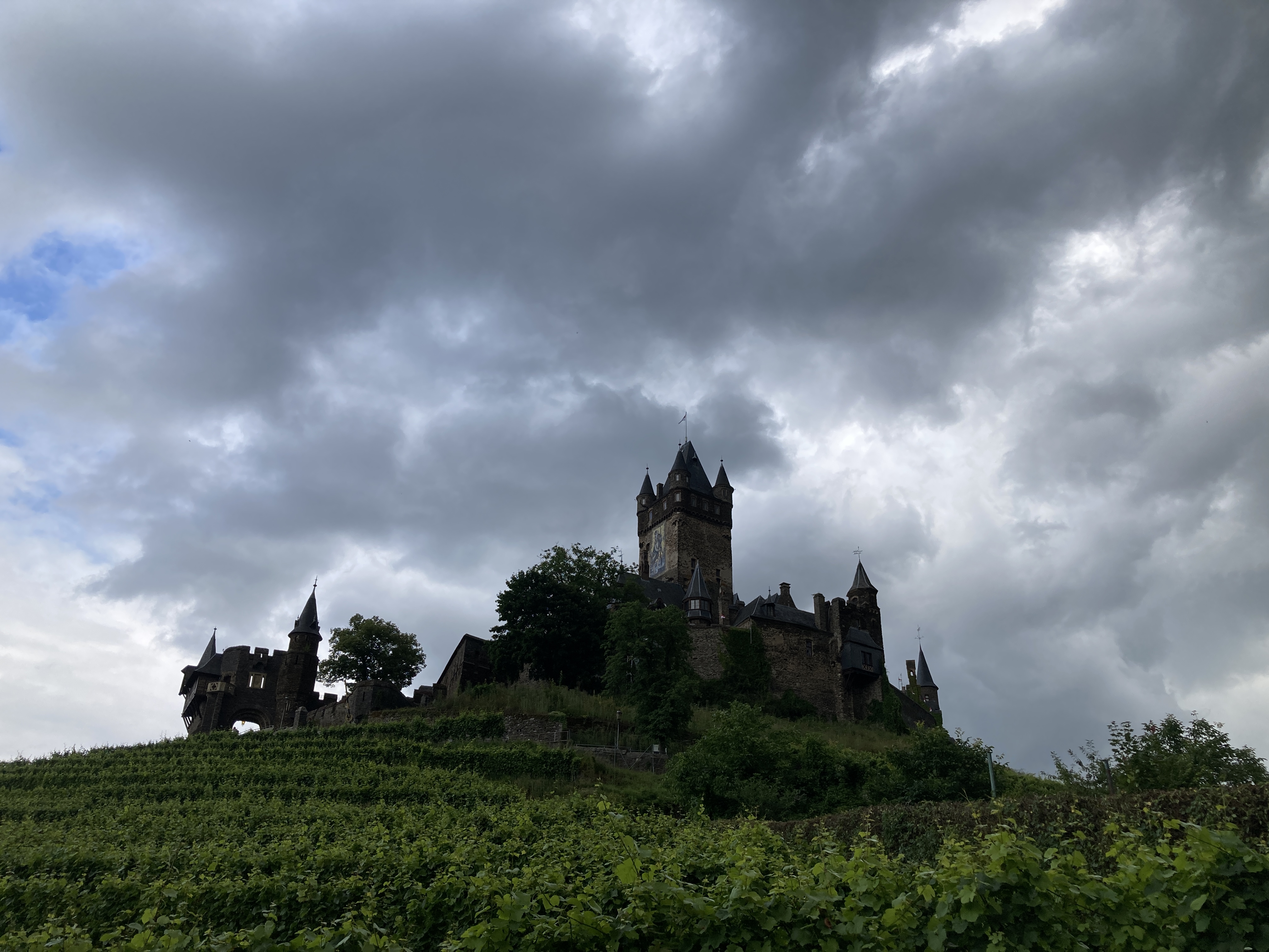 The Castle Cochem on a vineyard under dark clouds.