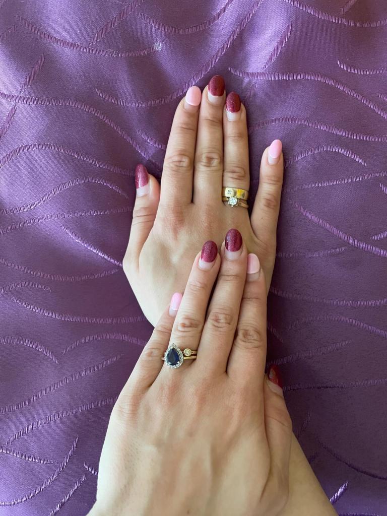 Summer-nails glittery magenta and baby pink.