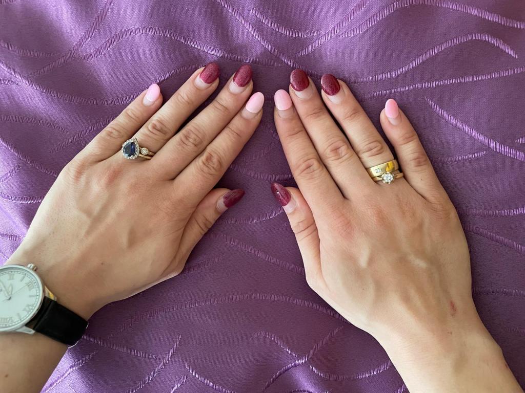 Summer-nails glittery magenta and baby pink.