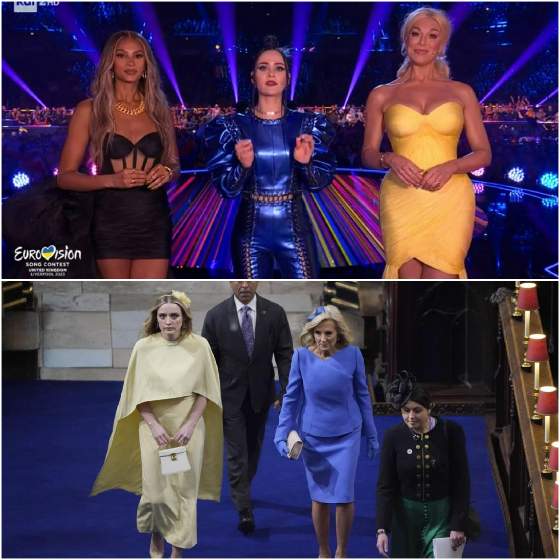 VIPs during Eurovision and the coronation dressed in the colors of the Ukrainian flag.