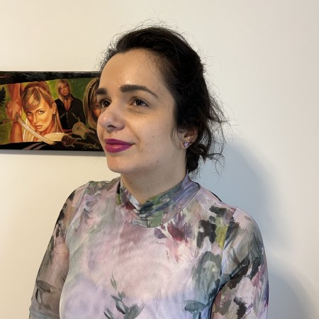 A transparent shirt combined with black leather.