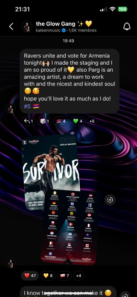 A screenshot of Kaleen's call to support Armenia in Eurovision 2025